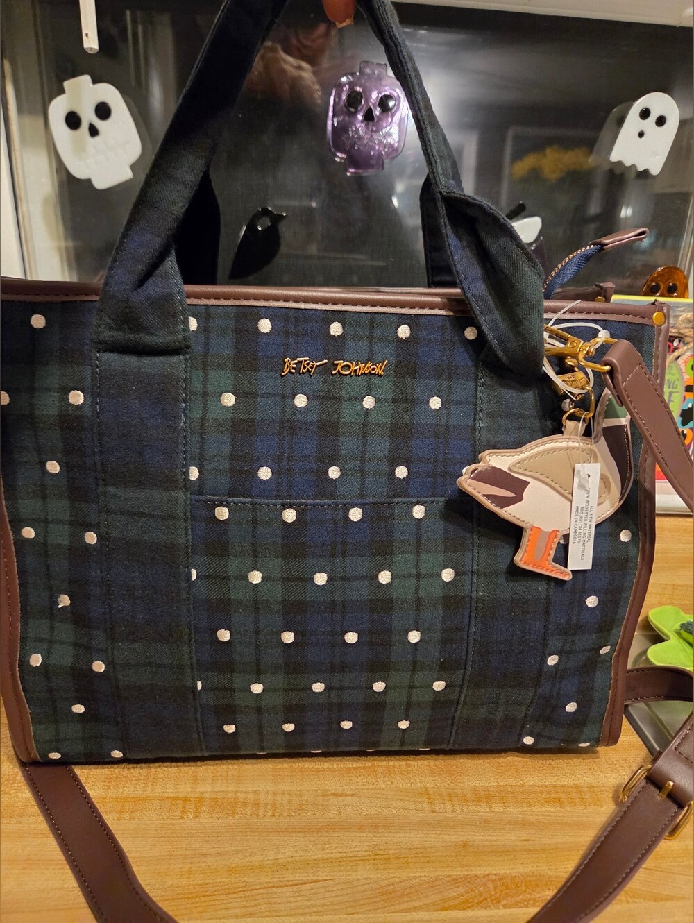 Betsey Johnson NWT Plaid Tote/Crossbody W/Duck Bag Charm & Keychain